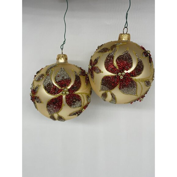 Vintage Kirkland Jeweled Poinsettia Glass Ornament Seed Beads Gliter Ball pair - Picture 1 of 13